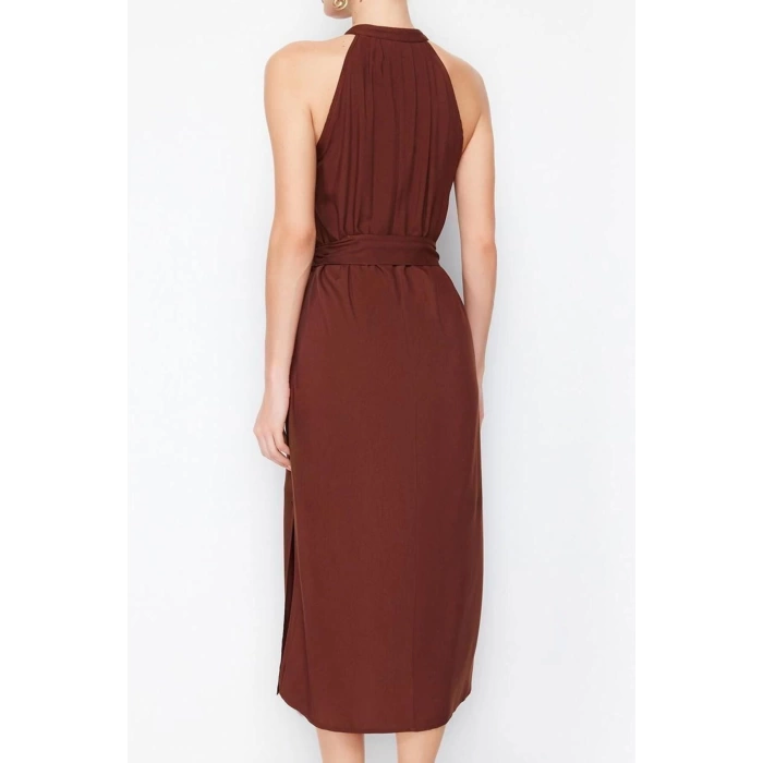 Yeni Regular Casual Günlük Shally Dokuma Halter Yaka Kolsuz Kol Gömlek Elbise Midi Boy Elbise