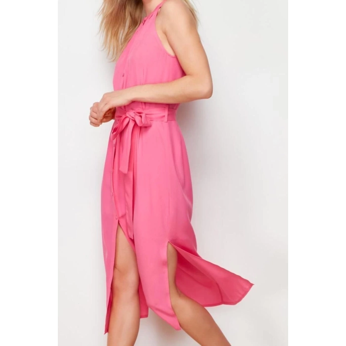 Yeni Regular Casual Günlük Shally Dokuma Halter Yaka Kolsuz Kol Gömlek Elbise Midi Boy Elbise