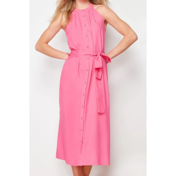 Yeni Regular Casual Günlük Shally Dokuma Halter Yaka Kolsuz Kol Gömlek Elbise Midi Boy Elbise