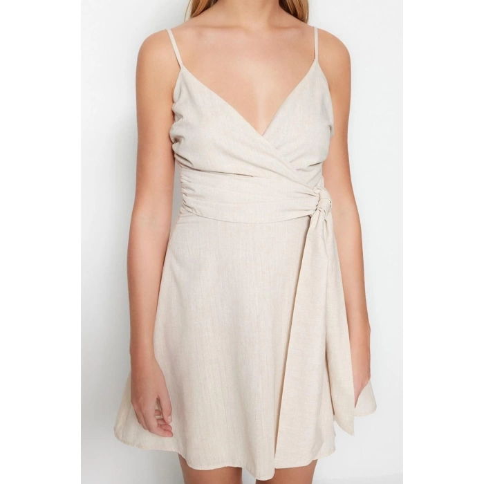 New Regular Casual Daily Linen Look Woven Double Breasted Strappy Sleeve A-Line Mini Length Dress