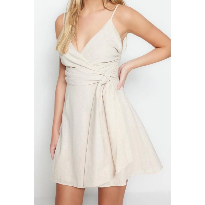 New Regular Casual Daily Linen Look Woven Double Breasted Strappy Sleeve A-Line Mini Length Dress