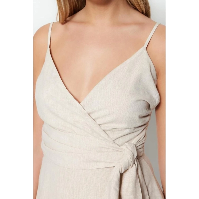 New Regular Casual Daily Linen Look Woven Double Breasted Strappy Sleeve A-Line Mini Length Dress