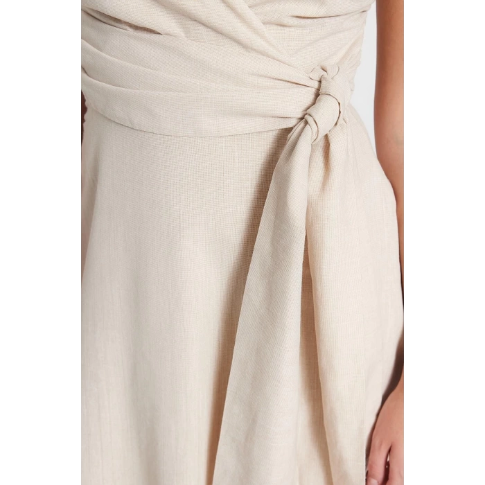 New Regular Casual Daily Linen Look Woven Double Breasted Strappy Sleeve A-Line Mini Length Dress