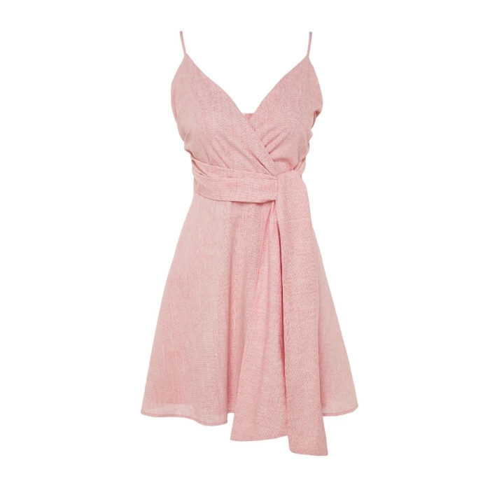 New Regular Casual Daily Linen Look Woven Double Breasted Strappy Sleeve A-Line Mini Length Dress