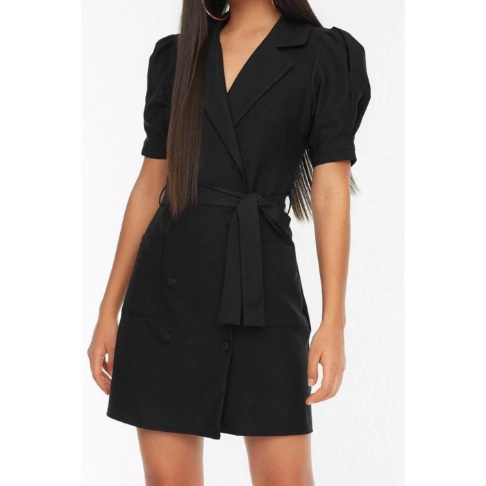 New Regular Casual Daily Finike Woven Jacket Collar Short Sleeve Jacket Dress Mini Length Dress