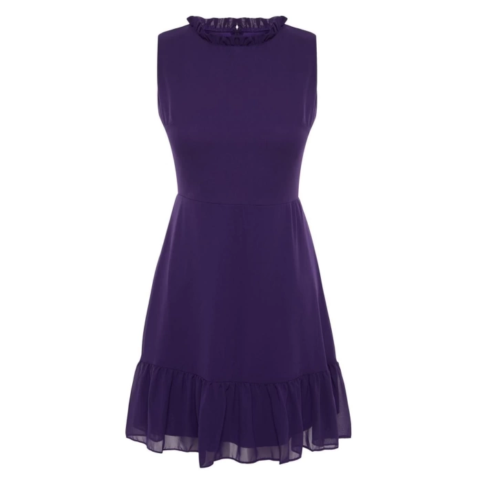 New Regular Business Chiffon Woven Stand Collar Sleeveless Sleeve A-Line Mini Length Dress