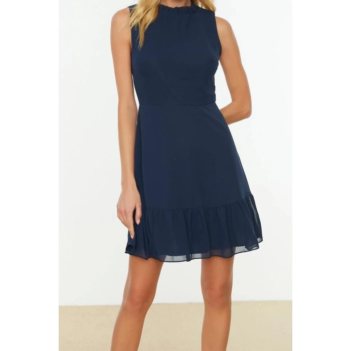 New Regular Business Chiffon Woven Stand Collar Sleeveless Sleeve A-Line Mini Length Dress