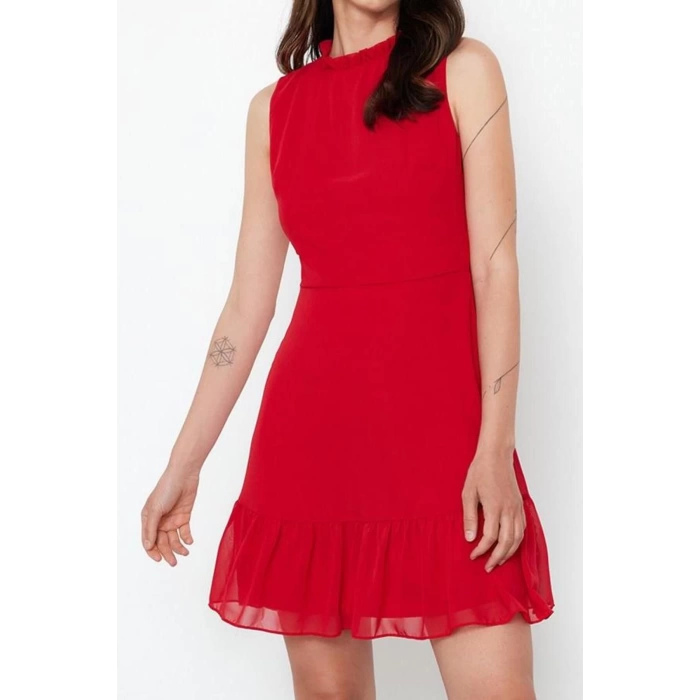New Regular Business Chiffon Woven Stand Collar Sleeveless Sleeve A-Line Mini Length Dress