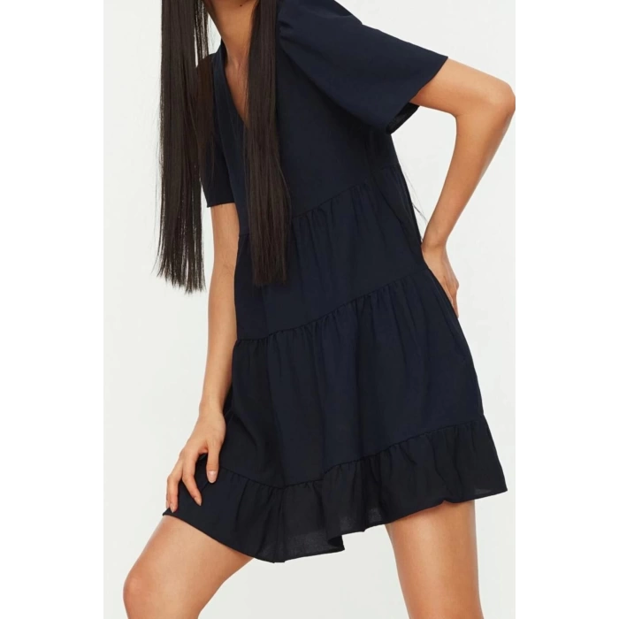 New Regular Casual Daily Aerobin Woven V Neck Short Sleeve Shift Mini Length Dress