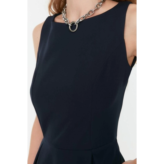 New Regular Business Finike Woven Crew Neck Sleeveless Skater Midi Length Dress