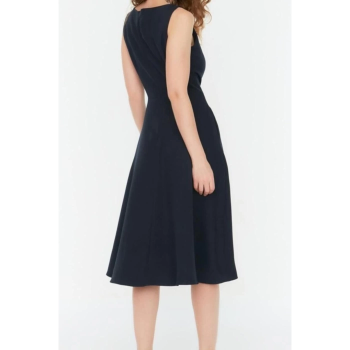 New Regular Business Finike Woven Crew Neck Sleeveless Skater Midi Length Dress