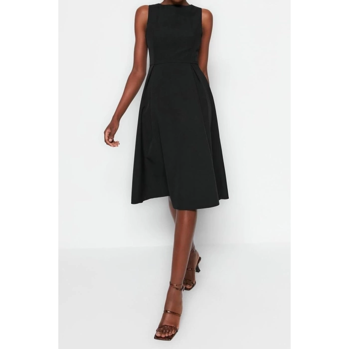 New Regular Business Finike Woven Crew Neck Sleeveless Skater Midi Length Dress