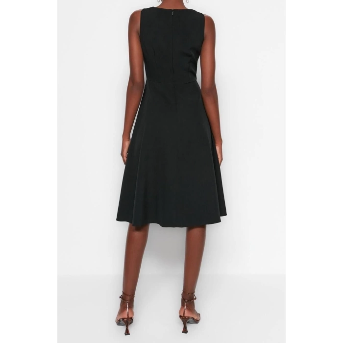 New Regular Business Finike Woven Crew Neck Sleeveless Skater Midi Length Dress