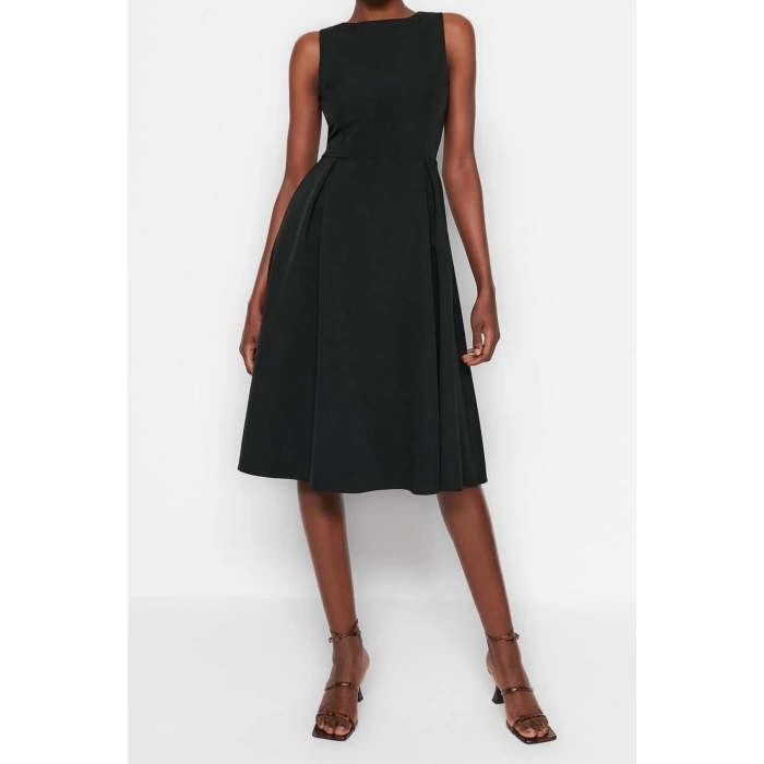 New Regular Business Finike Woven Crew Neck Sleeveless Skater Midi Length Dress