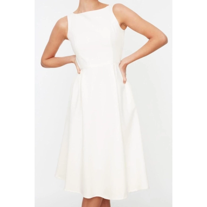 New Regular Business Finike Woven Crew Neck Sleeveless Skater Midi Length Dress