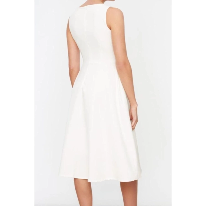 New Regular Business Finike Woven Crew Neck Sleeveless Skater Midi Length Dress