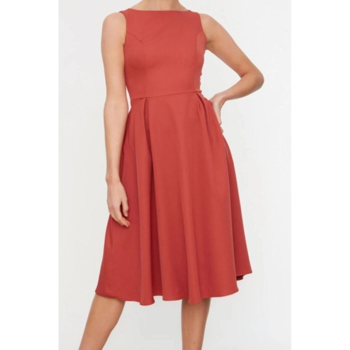 New Regular Business Finike Woven Crew Neck Sleeveless Skater Midi Length Dress