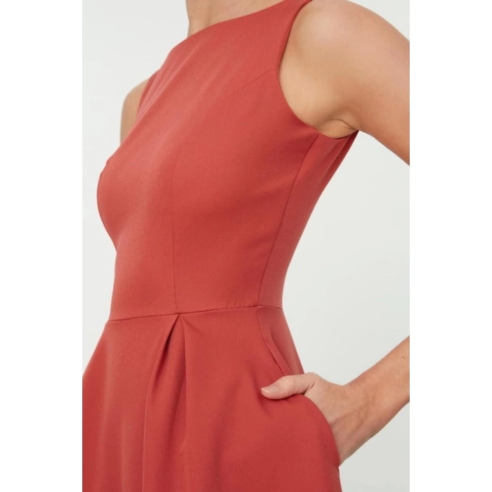 New Regular Business Finike Woven Crew Neck Sleeveless Skater Midi Length Dress