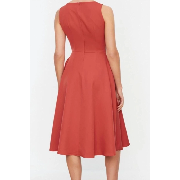 New Regular Business Finike Woven Crew Neck Sleeveless Skater Midi Length Dress