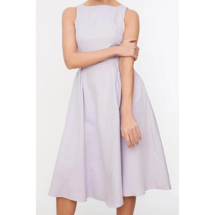 New Regular Business Finike Woven Crew Neck Sleeveless Skater Midi Length Dress
