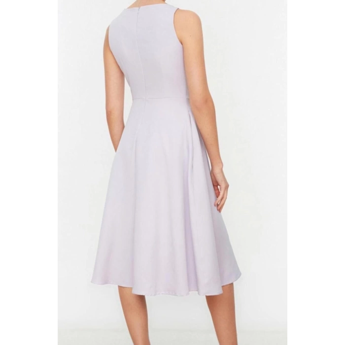 New Regular Business Finike Woven Crew Neck Sleeveless Skater Midi Length Dress