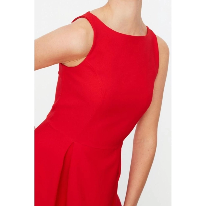 New Regular Business Finike Woven Crew Neck Sleeveless Skater Midi Length Dress