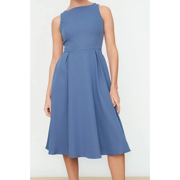 New Regular Business Finike Woven Crew Neck Sleeveless Skater Midi Length Dress