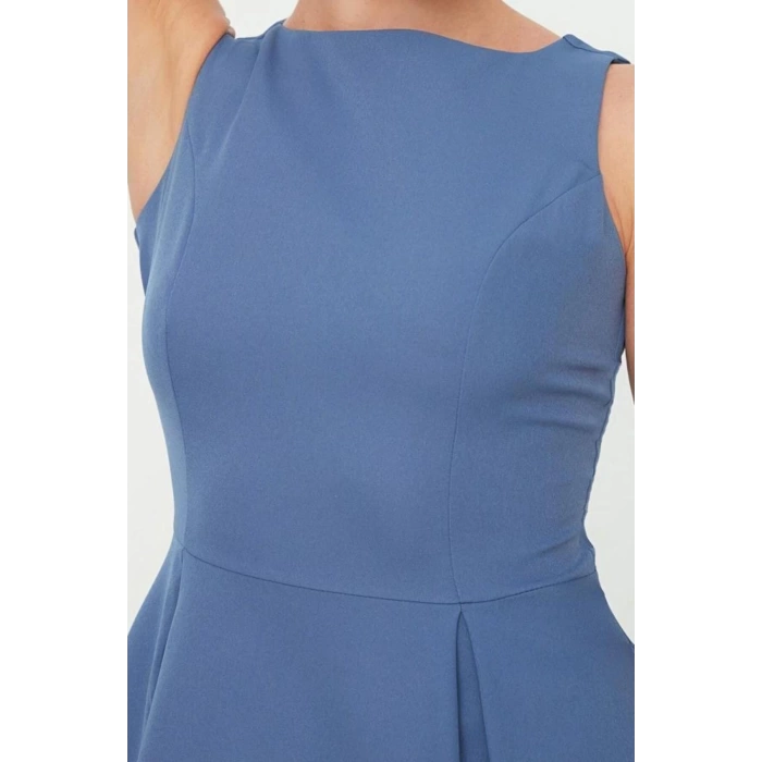 New Regular Business Finike Woven Crew Neck Sleeveless Skater Midi Length Dress