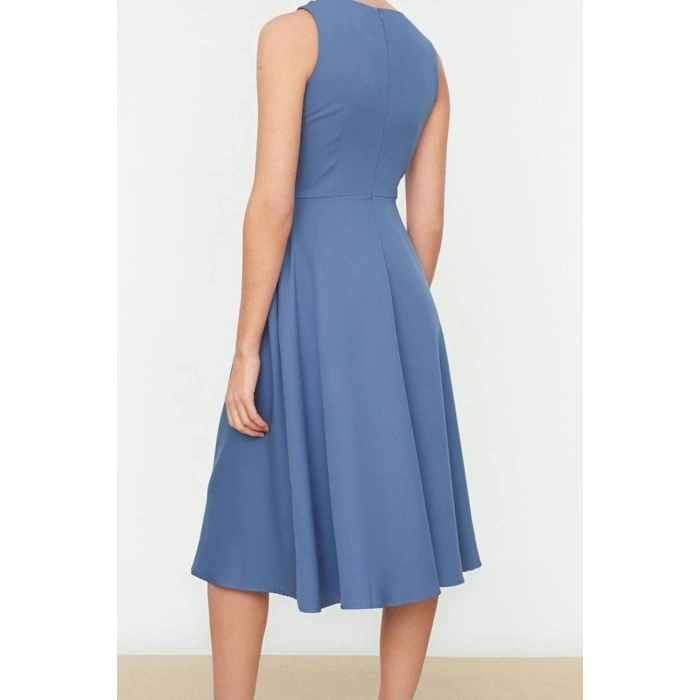 New Regular Business Finike Woven Crew Neck Sleeveless Skater Midi Length Dress