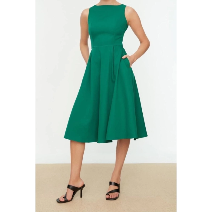 New Regular Business Finike Woven Crew Neck Sleeveless Skater Midi Length Dress