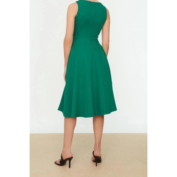 New Regular Business Finike Woven Crew Neck Sleeveless Skater Midi Length Dress