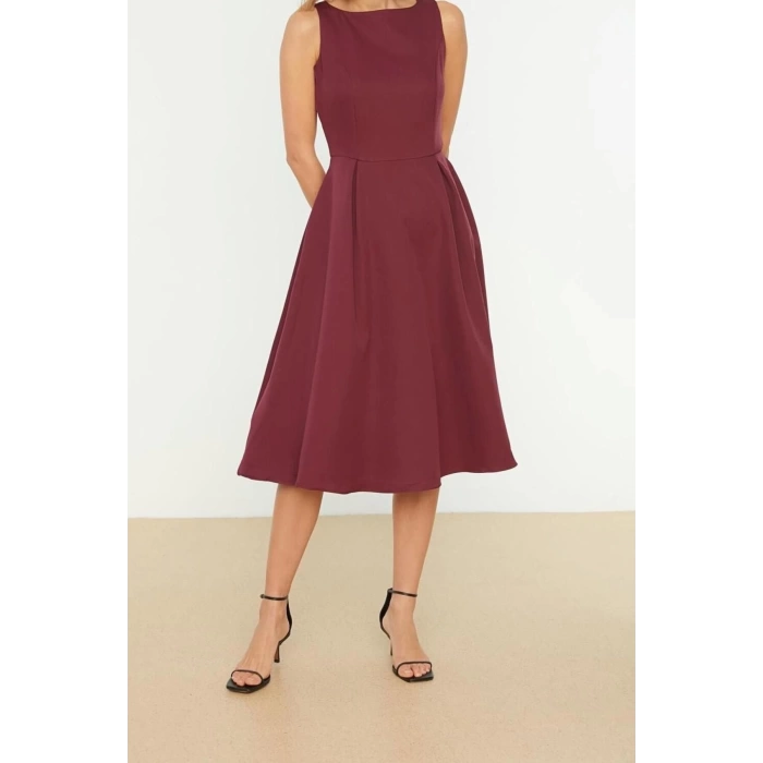 New Regular Business Finike Woven Crew Neck Sleeveless Skater Midi Length Dress