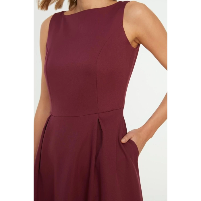 New Regular Business Finike Woven Crew Neck Sleeveless Skater Midi Length Dress