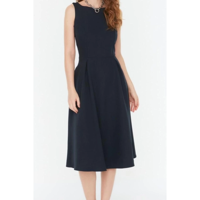 New Regular Business Finike Woven Crew Neck Sleeveless Skater Midi Length Dress