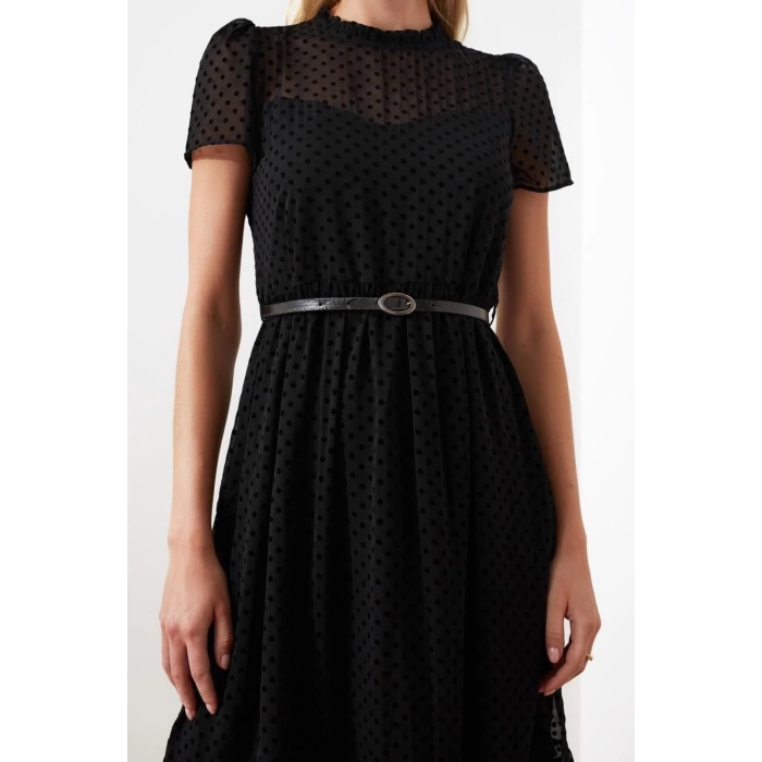 New Regular Business Chiffon Woven Stand Collar Short Sleeve A-Line Midi Length Dress