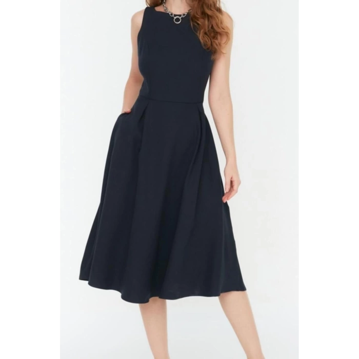 New Regular Business Finike Woven Crew Neck Sleeveless Skater Midi Length Dress