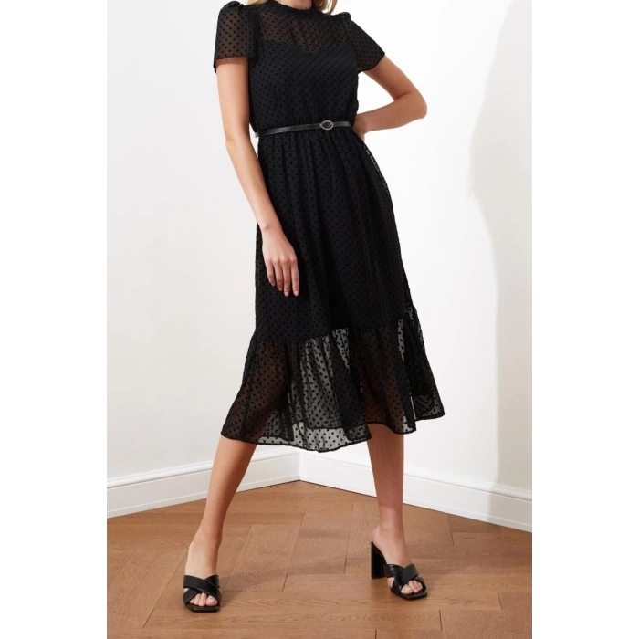 New Regular Business Chiffon Woven Stand Collar Short Sleeve A-Line Midi Length Dress