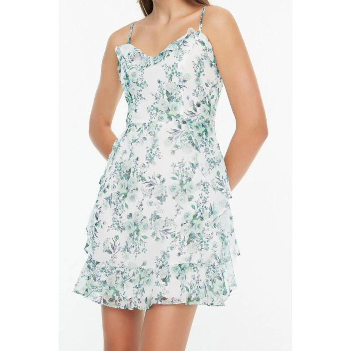 New Regular Casual Daily Chiffon Woven V Neck Strap Sleeve Frill Mini Dress