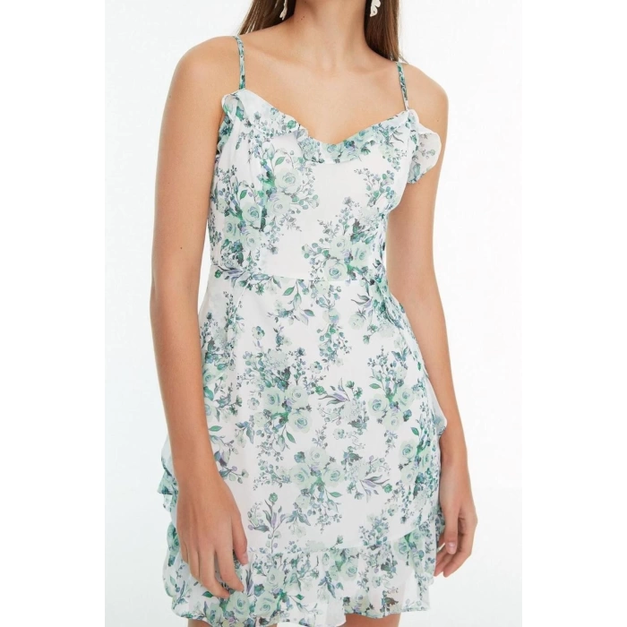 New Regular Casual Daily Chiffon Woven V Neck Strap Sleeve Frill Mini Dress