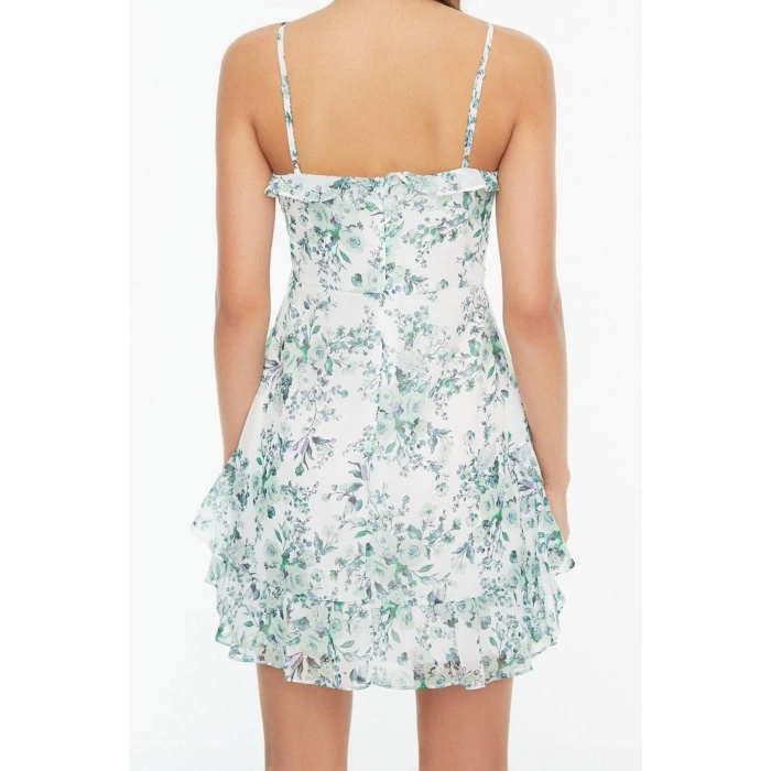 New Regular Casual Daily Chiffon Woven V Neck Strap Sleeve Frill Mini Dress