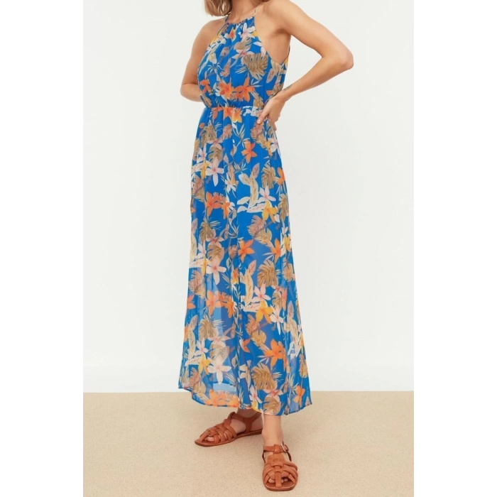 New Regular Day Night Chiffon Woven Halter Neck Strap Sleeve A-Line Midi Length Dress