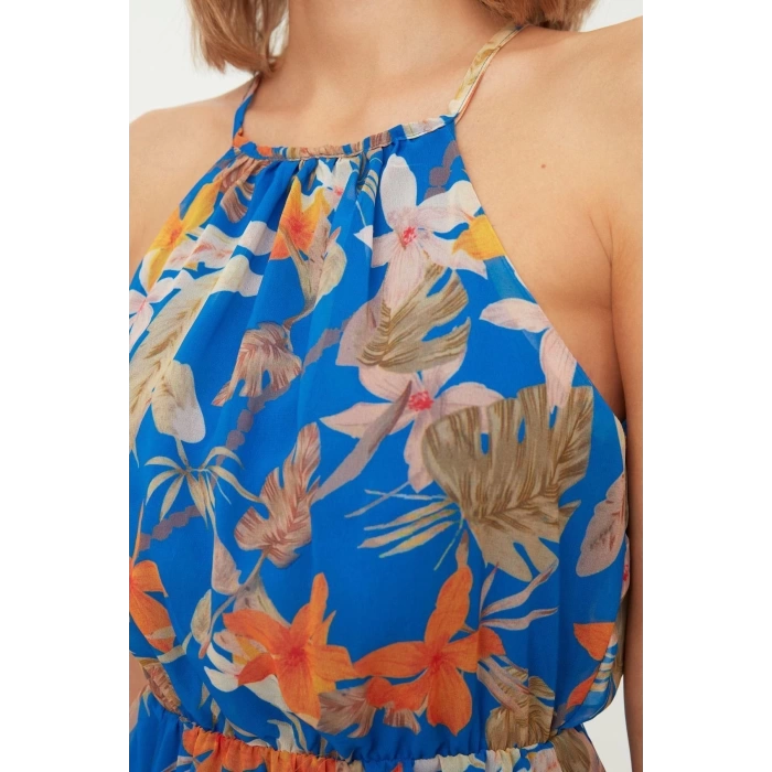 New Regular Day Night Chiffon Woven Halter Neck Strap Sleeve A-Line Midi Length Dress