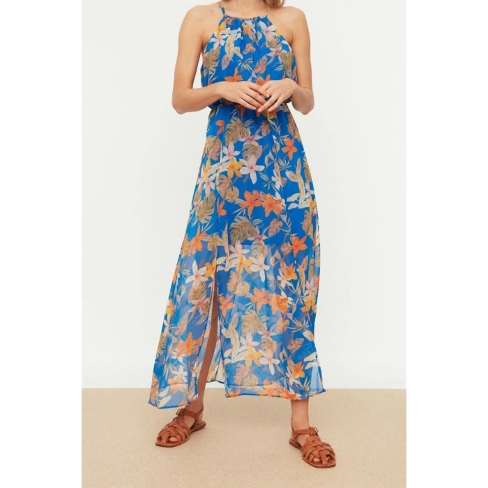 New Regular Day Night Chiffon Woven Halter Neck Strap Sleeve A-Line Midi Length Dress