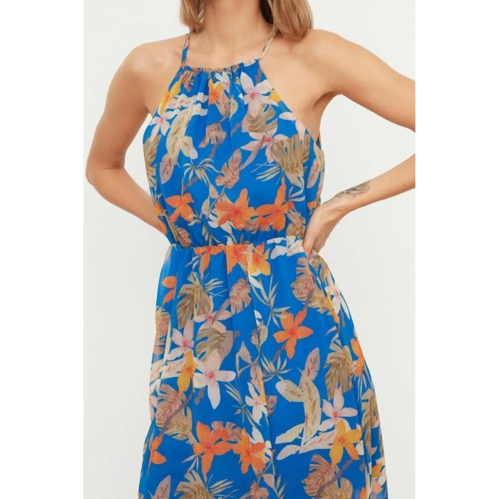New Regular Day Night Chiffon Woven Halter Neck Strap Sleeve A-Line Midi Length Dress