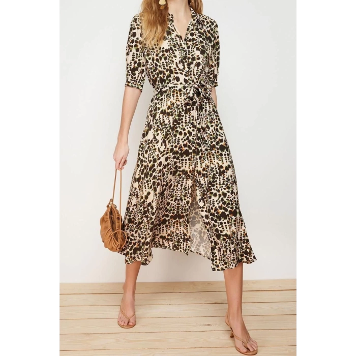 New Regular Casual Daily Shally Woven Shirt Collar Short Sleeve Shirt Dress Midi Length Dress