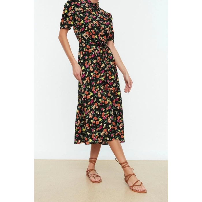 New Regular Casual Daily Shally Woven Shirt Collar Short Sleeve Shirt Dress Midi Length Dress
