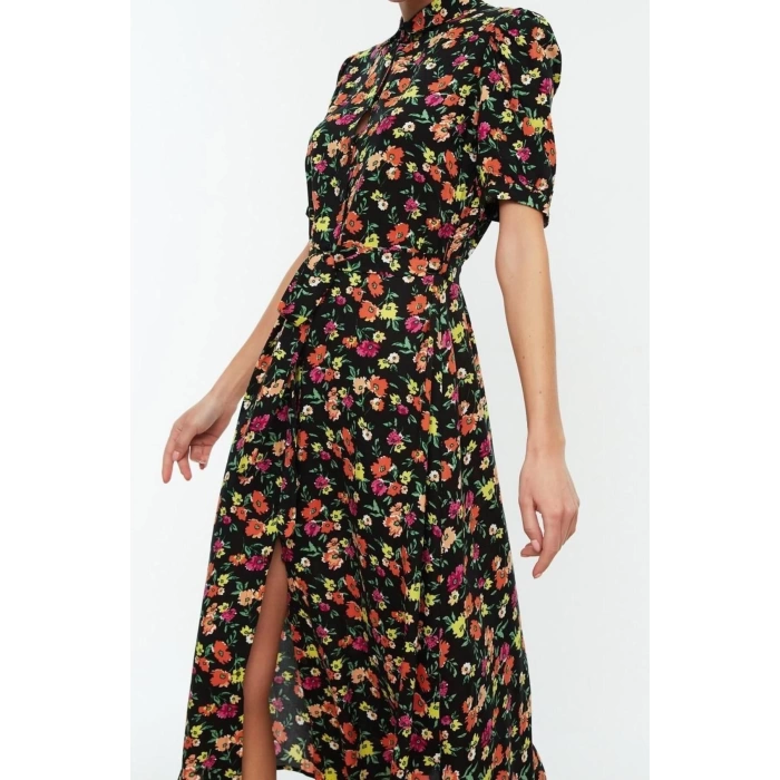 New Regular Casual Daily Shally Woven Shirt Collar Short Sleeve Shirt Dress Midi Length Dress