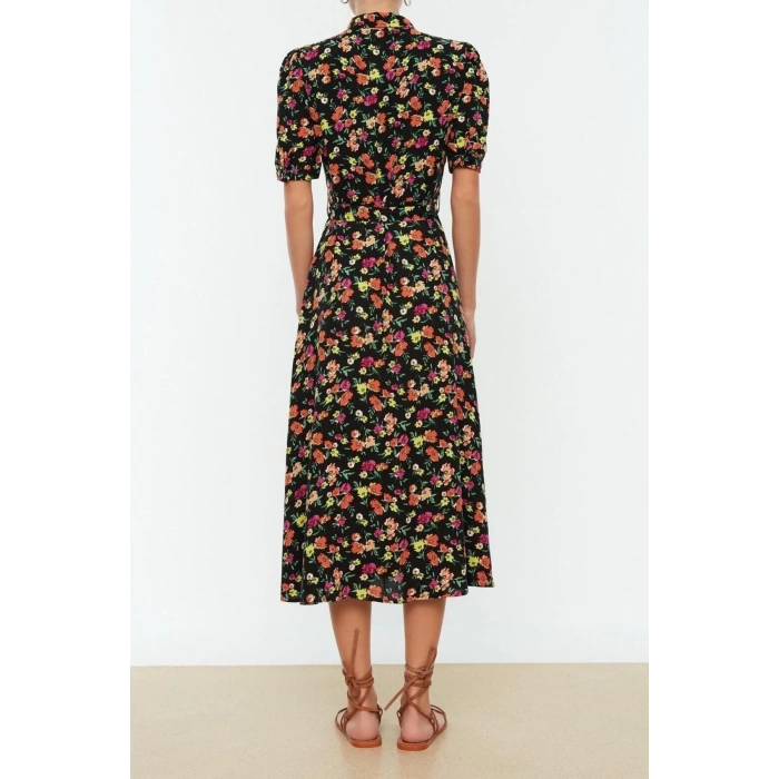 New Regular Casual Daily Shally Woven Shirt Collar Short Sleeve Shirt Dress Midi Length Dress