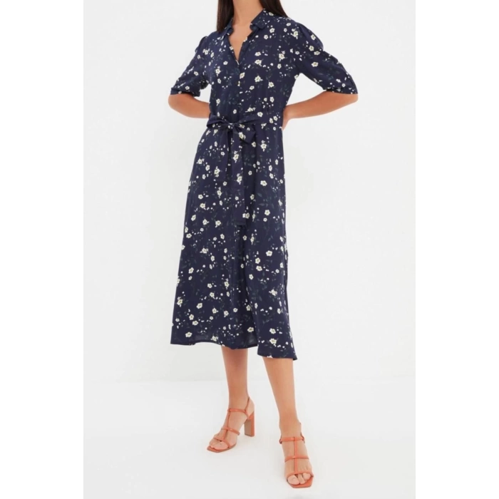 New Regular Casual Daily Shally Woven Shirt Collar Short Sleeve Shirt Dress Midi Length Dress