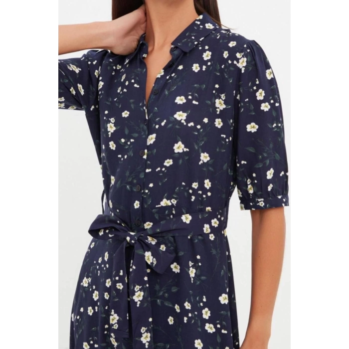 New Regular Casual Daily Shally Woven Shirt Collar Short Sleeve Shirt Dress Midi Length Dress